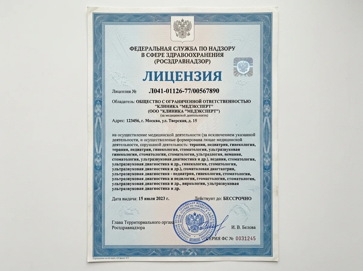 Скан лицензии Росздравнадзора на осуществление медицинской деятельности — официальный бланк с печатью и подписью, синяя цветовая гамма