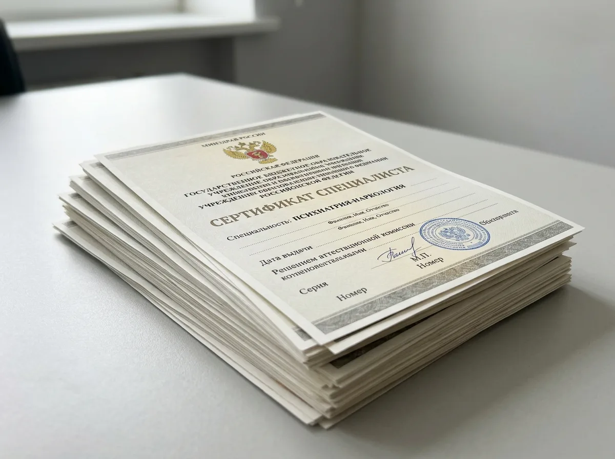 Сертификаты специалистов по психиатрии-наркологии — стопка медицинских сертификатов с гербом Минздрава, нейтральный фон
