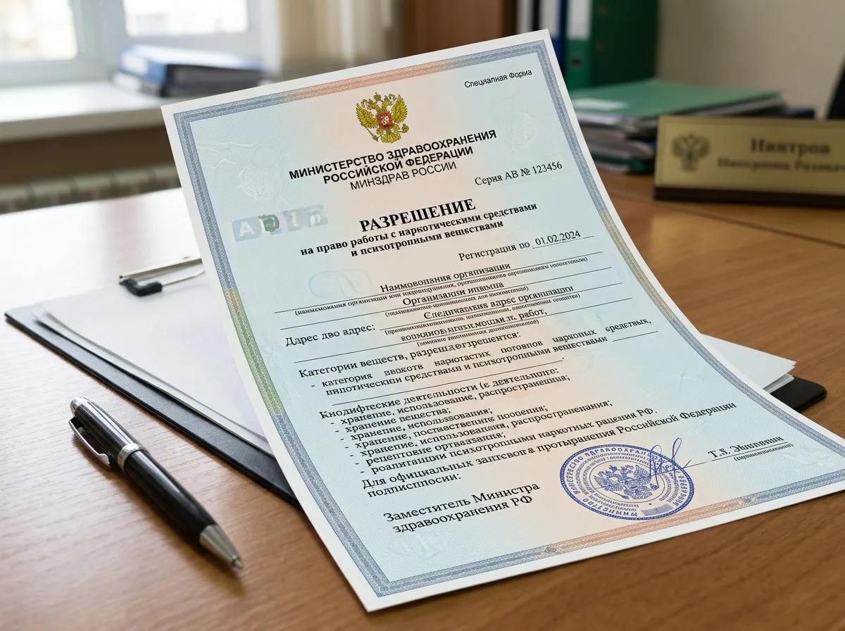 Разрешение на работу с наркотическими и психотропными веществами — специальный бланк Минздрава России с официальными реквизитами